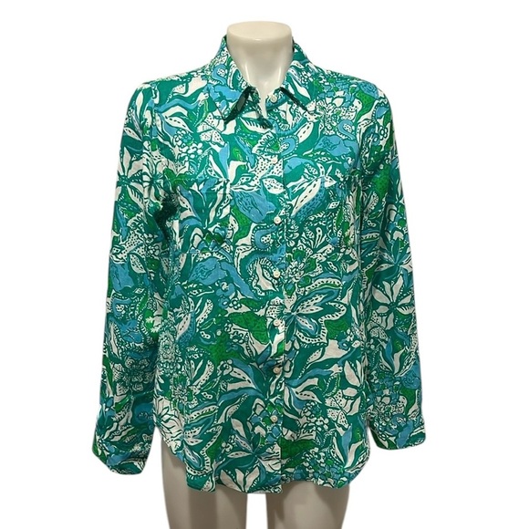 Lilly Pulitzer sea view linen button down shirt in botanical green safari M - Picture 2 of 12